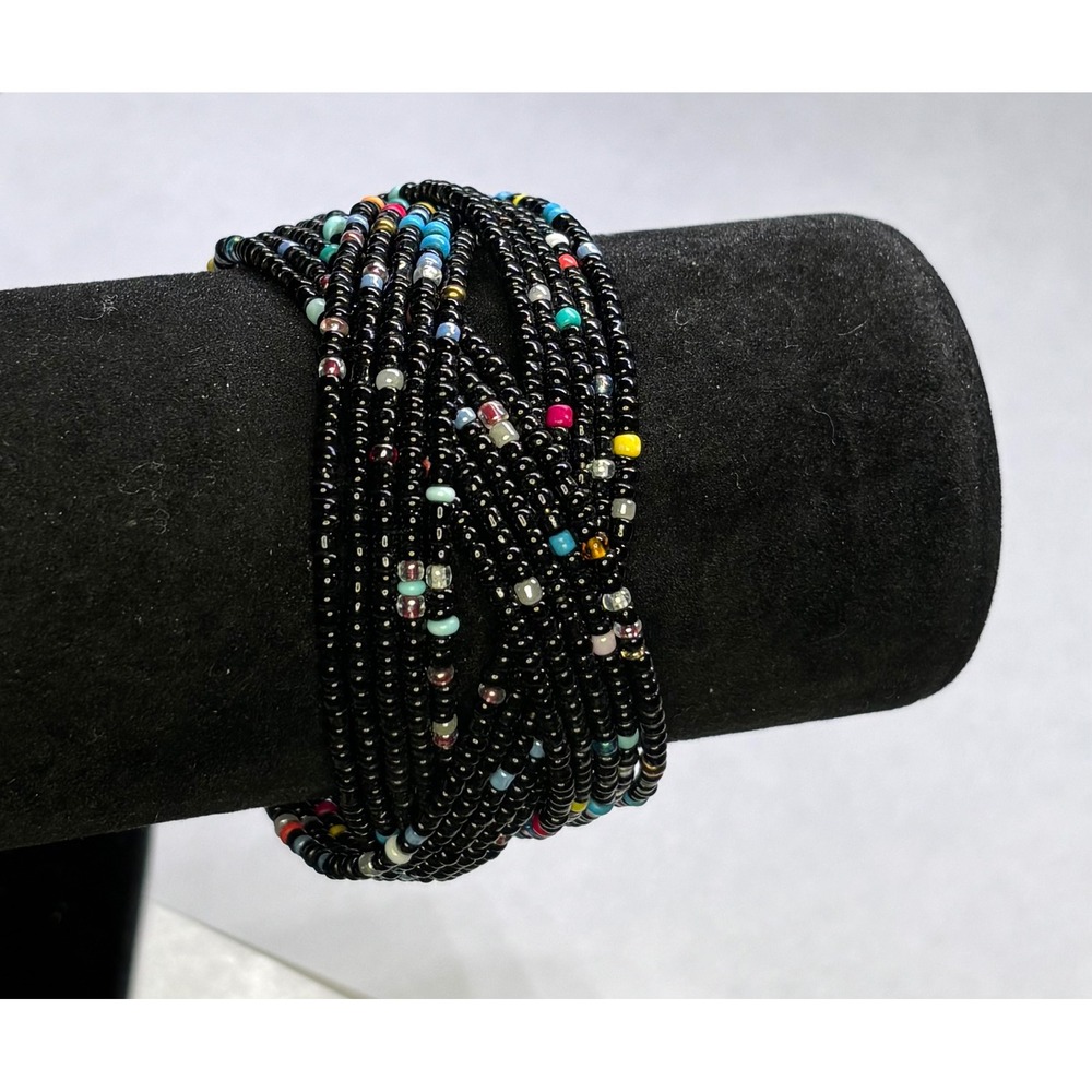 1990s Y2K Seed Bead Boho Cuff Bracelet Multi-Strand Memory Wire Black